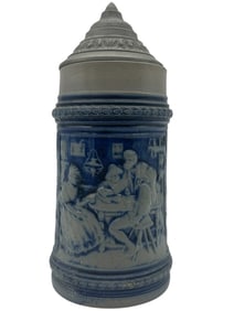 GERMAN STONEWARE BEER STEIN WITH PEWTER LID 9"