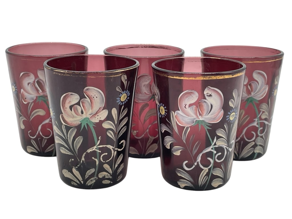 SET OF 5 BOHEMIAN CRANBERRY GLASS TUMBLERS: SET OF 5 HAND-PAINTED BOHEMIAN CRANBERRY GLASS TUMBLERS -GOOD PRE OWNED CONDITION, SOME FADED PAINT -APPROX 4" -FEATURES FLORAL MOTIFS WITH GOLD RIM DETAILING ON RICH PURPLE GLASS. CHARMING ADDITION T