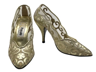 PENSATO ITALY GOLD FLORAL HEELS SZ 36.5
