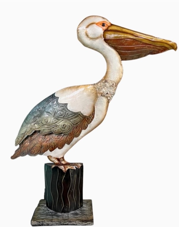 ELEGANT CAPIZ SHELL AND METAL PELICAN STATUE: ELEGANT CAPIZ SHELL AND METAL PELICAN STATUE