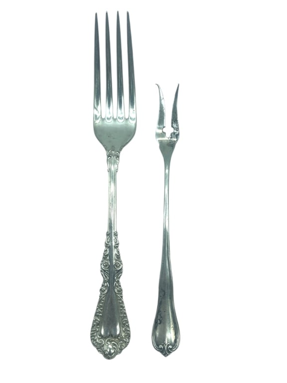 TWO ANTIQUE SERVING FORKS, 1 STERLING SILVER (1 of 4)