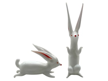 MURANO STYLE WHITE GLASS RABBIT FIGURINES