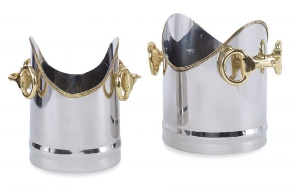 NEW! PAIR OF EQUESTRIAN-STYLE OLIVER CHILLERS: NEW! PAIR OF EQUESTRIAN-STYLE OLIVER CHILLERS -NEW WITH TAGS -LG 10.5" X 9" -SM 8.5" X 8" -PAIR OF EQUESTRIAN-STYLE WINE COOLERS. POLISHED STAINLESS STEEL STYLE DESIGN WITH ELEGANT GOLD-TONE HORSE BIT