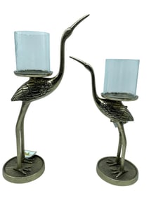 PAIR OF CRANE PILLAR CANDLE HOLDERS 17"
