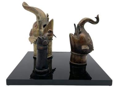 SET OF 3 CAST BRASS ELEPHANT FINIALS DISPLAY 12"
