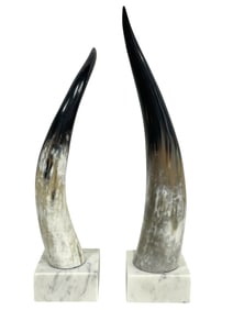 NEW! PAIR OF HORN SCULPTURES ON MARBLE BASES 18"