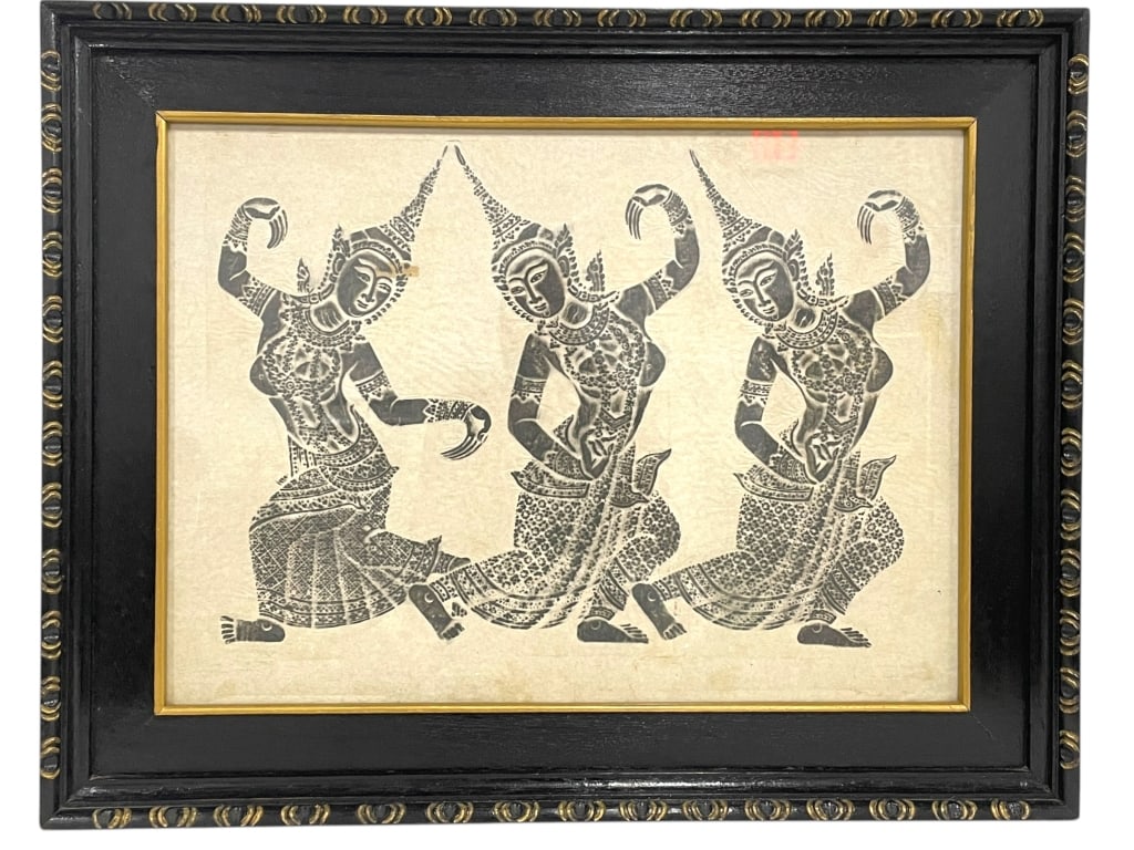 THAI DANCE FIGURE PRINT ON RICE PAPER FRAMED 33": HAND-PRINTED THAI DANCE FIGURE PRINT ON RICE PAPER – FRAMED IN BLACK AND GOLD – 25.5" X 33"STRIKING HAND-PRINTED THAI FOLK ART PIECE DEPICTING THREE TRADITIONAL DANCERS IN INTRICATE COSTUMES. PRIN