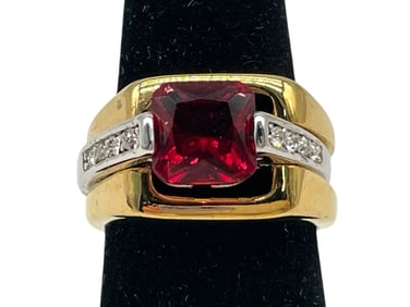 14K GOLD TWO-TONE RING W/ RED STONE 8.1G