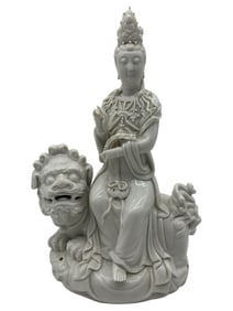 BLANC DE CHINE GUANYIN FIGURINE ON FOO DOG 12"