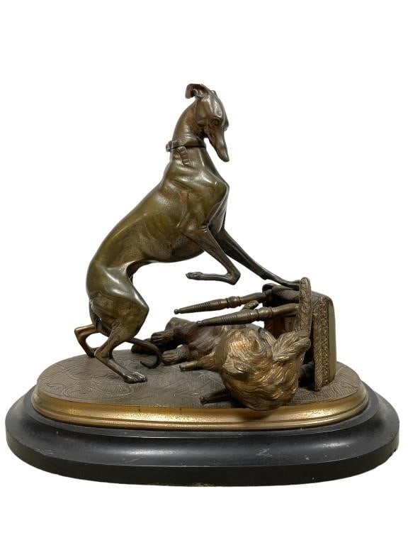 19C. FRENCH BRONZE SCULPTURE MANNER OF ARTHUR WAAS: 19C. FRENCH BRONZE SCULPTURE MANNER OF ARTHUR WAAGEN ? / / LEBLANC FRERES -ART DECO STYLE | GREYHOUND WHIPPET DOG AND CAT -VERY GOOD PRE OWNED CONDITION -DP11623