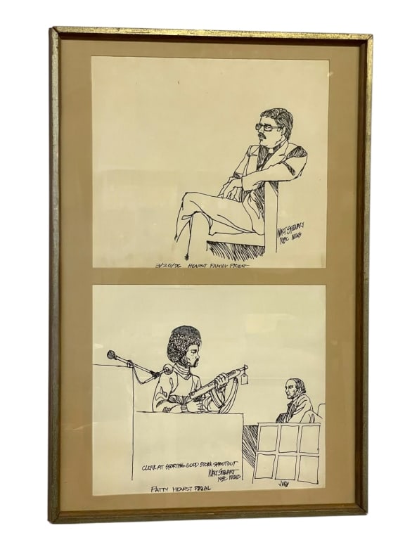 ORIGINAL PATTY HEARST WALTER STEWART COURT DRAWING: ORIGINAL PATTY HEARST COURT DRAWING WALT STEWART NBC NEWS | ORIGINAL INK DRAWING BY WALT STEWART, RENOWNED COURTROOM SKETCH ARTIST FOR NBC NEWS, FEATURING TWO SCENES FROM THE INFAMOUS 1976 PATTY HEARS
