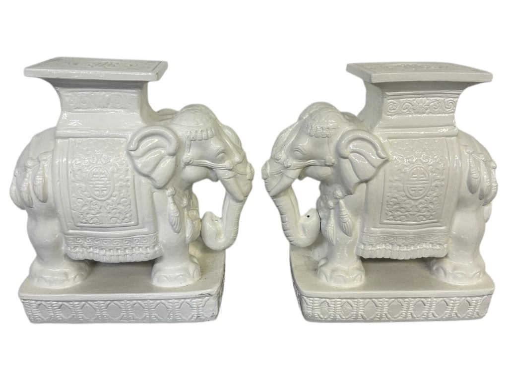 PAIR OF WHITE CERAMIC ELEPHANT GARDEN STOOLS 22" (1 of 8)