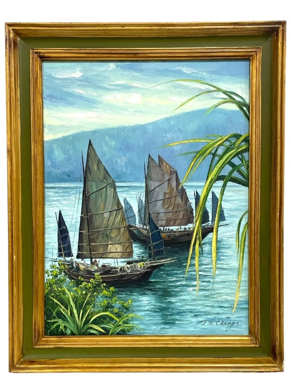 P.S. CHANG ASIAN JUNK BOAT OIL PAINTING 29": P.S. CHANG ORIGINAL OIL PAINTING FEATURING TRADITIONAL ASIAN JUNK BOATS SAILING PEACEFULLY ON TRANQUIL WATERS, FRAMED BY VERDANT TROPICAL FOLIAGE AND DISTANT MOUNTAINS UNDER A SOFT SKY. RENDERED IN VI