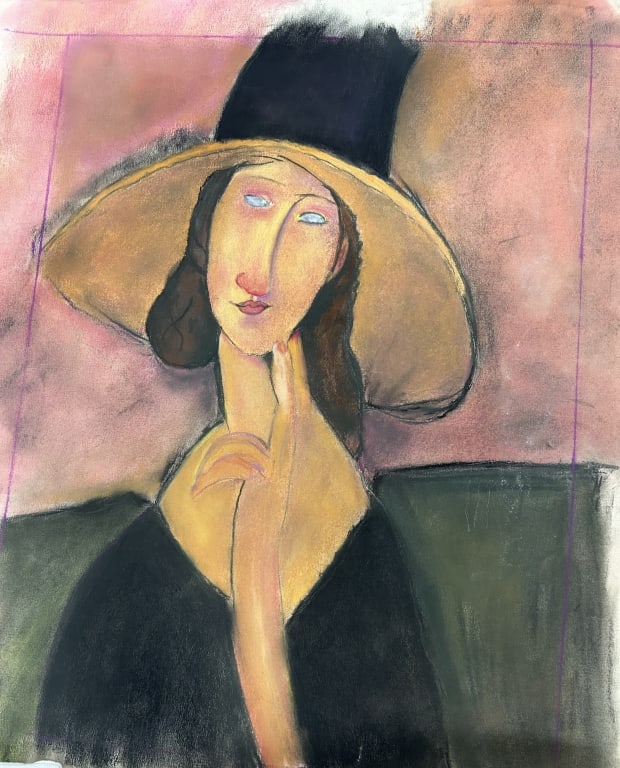 AFTER AMEDEO MODIGLIANI PASTEL PORTRAIT 23": - STRIKING MODERNIST PORTRAIT INSPIRED BY THE ICONIC STYLE OF AMEDEO MODIGLIANI, DEPICTING A WOMAN WITH ELONGATED FEATURES, CLOSED EYES, AND A DREAMLIKE EXPRESSION. RENDERED IN SOFT PASTEL TONES WITH