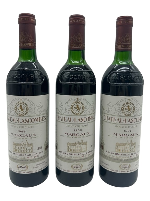 LOT OF 3 1986 CHÂTEAU LASCOMBES MARGAUX 12": - LOT OF 3 – 1986 CHÂTEAU LASCOMBES MARGAUX, GRAND CRU CLASSÉ – A TRIO OF 750ML BOTTLES FROM CHÂTEAU LASCOMBES, A SECOND GROWTH (2ÈME CRU) ESTATE IN BORDEAUX’S MARGAUX APPELLATION. THE 1986 