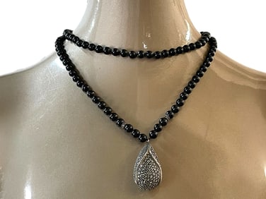 MARCASITE PENDANT ON BLACK ONYX BEADED NECKLACE