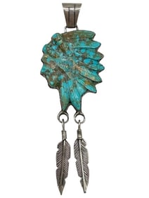 STERLING & TURQUOISE CARVED NAVAJO PENDANT 14.9G