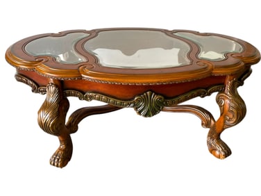 ORNATE TRADITIONAL GLASS-TOP COFFEE TABLE 53"
