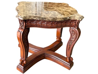 TRADITIONAL CARVED WOOD END TABLE W MARBLE TOP