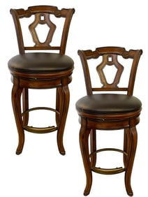 PAIR OF TRADITIONAL STYLE WOODEN SWIVEL BAR STOOLS