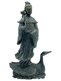 CHINESE GODDESS ON SWAN BRONZE STATUE 16"