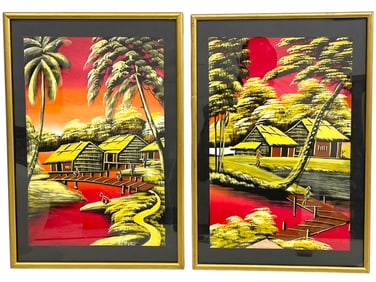 PAIR OF VIBRANT TROPICAL LANDSCAPE PAINTINGS 18"