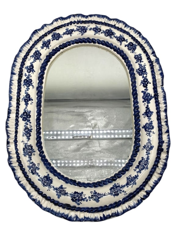 BLUE AND WHITE CERAMIC FRAMED OVAL WALL MIRROR 21" (1 of 4)