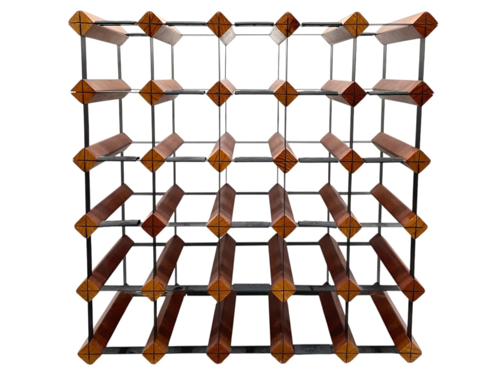 FINAL TOUCH WOOD WINE RACK 20": FINAL TOUCH WOOD WINE RACK 20" -VERY GOOD PRE OWNED CONDITION -APPROX 20" X 19" X 9.5" -MODULAR DESIGN WITH DARK WOOD SUPPORTS AND BLACK METAL FRAMEWORK -JA 053025 