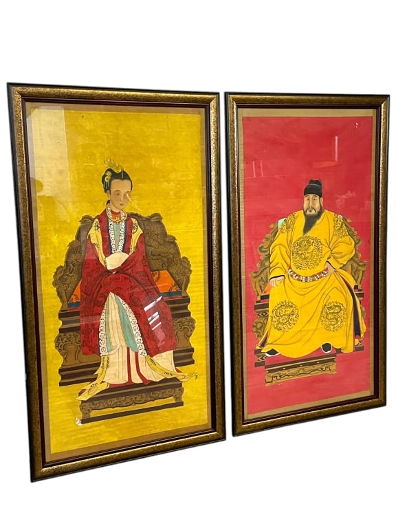 1960S ASIAN EMPEROR & EMPRESS FRAMED PAINTINGS 61" (1 of 8)