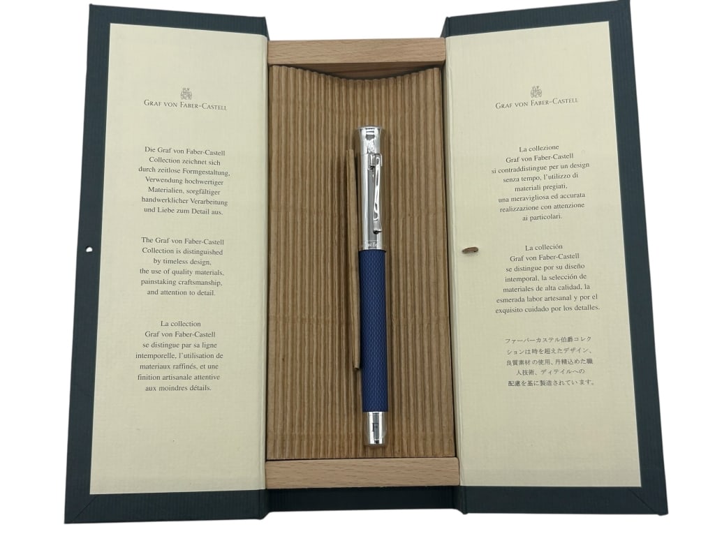 GRAF VON FABER-CASTELL GUILLOCHE BALLPOINT PEN 6": - GRAF VON FABER-CASTELL GUILLOCHE BALLPOINT PEN IN ORIGINAL PRESENTATION BOX – AN ELEGANT WRITING INSTRUMENT FEATURING A TEXTURED MIDNIGHT BLUE BARREL, POLISHED CHROME TRIM, AND A TWIST-ACTION MECH