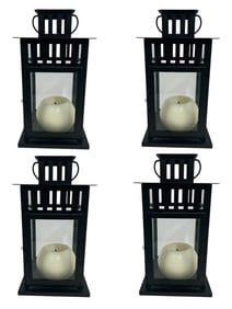 SET OF 4 SMALL BLACK METAL & GLASS LANTERNS 11"