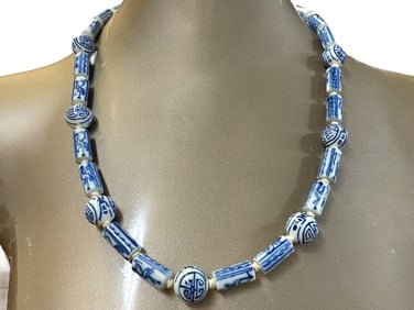BLUE AND WHITE PORCELAIN BEAD NECKLACE