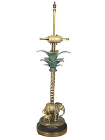 BRASS TABLE LAMP W/ PALM TREE & ELEPHANTS 26"
