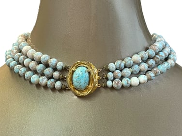 MULTI-STRAND BLUE MARBLED BEAD CHOKER NECKLACE