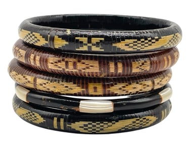 5 INLAID WOOD AND RATTAN BANGLES