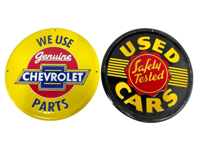 VINTAGE STYLE EMBOSSED METAL AUTOMOTIVE SIGNS 12": PAIR OF VINTAGE STYLE EMBOSSED METAL AUTOMOTIVE SIGNS 12" -VERY GOOD PRE OWNED CONDITION -APPROX 12" -INCLUDES “GENUINE CHEVROLET PARTS” IN YELLOW, RED, BLUE AND WHITE, AND “USED CARS SAFETY