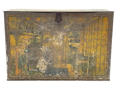 ANTIQUE TIN STORAGE BOX W/ RUSTIC INTERIOR SCENE