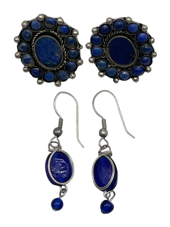 PAIR OF SILVER AND BLUE STONE EARRINGS: PAIR OF SILVER AND BLUE STONE EARRINGS -VERY GOOD PRE OWNED CONDITION -BOTH PAIRS DISPLAY RICH INDIGO HUES AND ARTISAN CHARACTER. -JA 052325 
