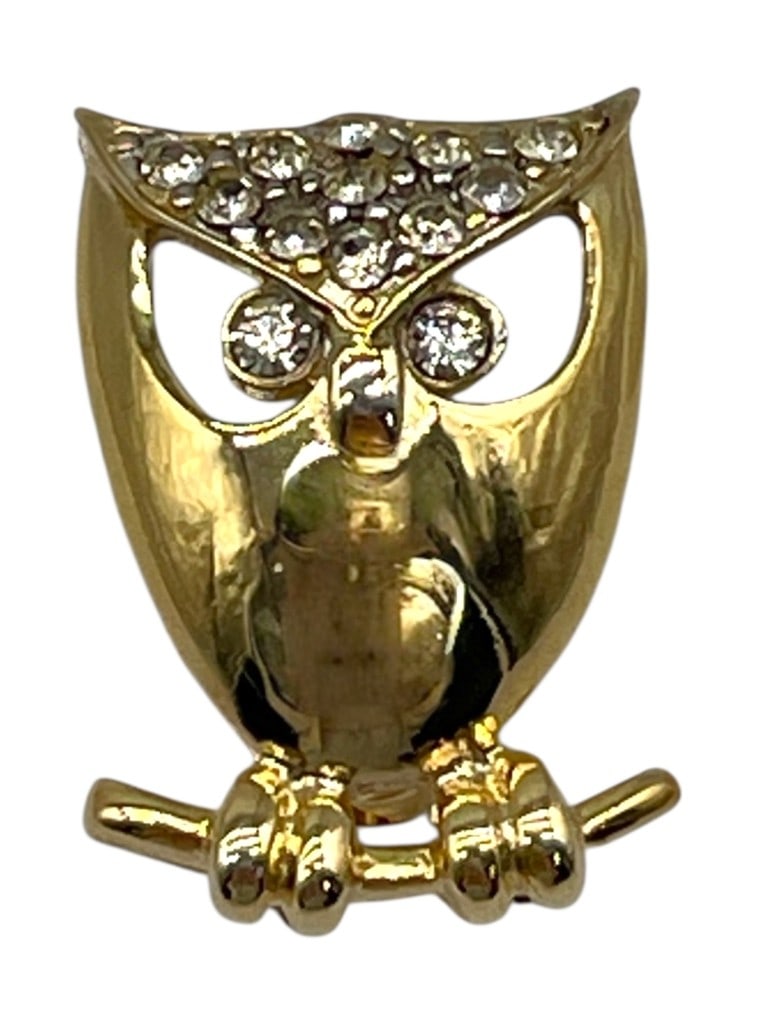 NAPIER GOLD OWL PIN WITH CLEAR STONES .75": NAPIER GOLD OWL PIN WITH CLEAR STONES .75" -VERY GOOD PRE OWNED CONDITION -APPROX .75" -GOLDTONE OWL BROOCH WITH RHINESTONE EYES AND FEATHERS. CHARMING MID-CENTURY COSTUME JEWELRY PIN DEPICTING AN OWL