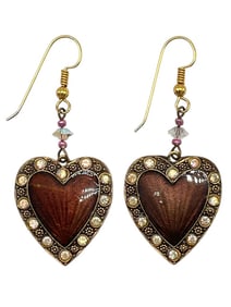 HEART DROP EARRINGS WITH BROWN ENAMEL 2.25"