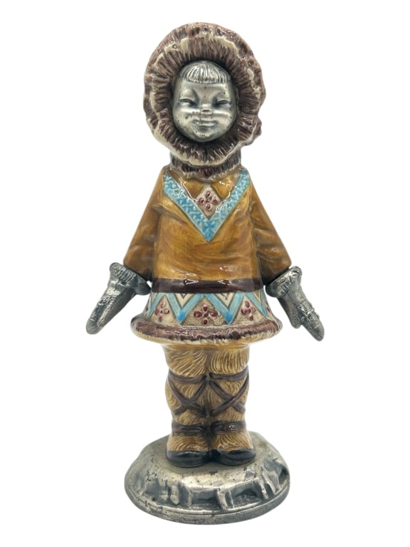 VINTAGEHAND-PAINTED PEWTER FIGURINE ESKIMO GIRL 7": - VINTAGE PELTRO ITALIAN HAND-PAINTED PEWTER FIGURINE – ESKIMO GIRL IN TRADITIONAL PARKA. CHARMING HAND-PAINTED DETAIL IN VIBRANT GLAZED ENAMELS ON CAST PEWTER, THIS FIGURINE FEATURES AN ADORABLE SM