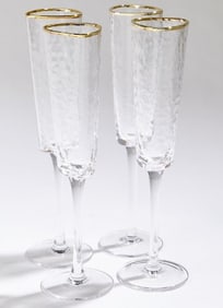 SET OF 4 HAMMERED CHAMPAGNE GLASSES W GOLD RIM