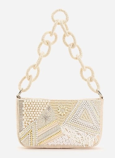NEW! SHIMMERING SANDS EMBELLISHED SHOULDER BAG: * Fully Embellished Shoulder Bag * One Inner Zip Pocket * Top Zip Fastening * Made with 70% Cotton, 28% Polyester, 2% Lurex * Collection of Natural White Pearls & Beads * Beaded Chain Handles * Size: