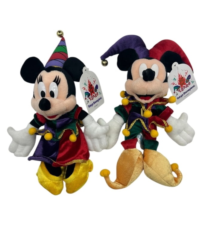 TOKYO DISNEYLAND 15TH ANNIVERSARY PLUSHIES 13": - TOKYO DISNEYLAND 15TH ANNIVERSARY MICKEY & MINNIE JESTER PLUSH SET – RARE JAPANESE EXCLUSIVECELEBRATE THE MAGIC OF TOKYO DISNEYLAND’S 15TH ANNIVERSARY WITH THIS RARE AND COLORFUL PLUSH SET FEATU