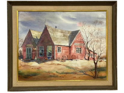 ORIGINAL WATERCOLOR PAINTING BY BETH McANINCH 27": ORIGINAL WATERCOLOR PAINTING BY BETH McANINCH DEPICTING A WEATHERED RED ANTIQUE SHOP IN A RURAL SETTING, COMPLETE WITH BARREN TREES AND SOFT SHADOWING THAT EVOKES A LATE AUTUMN OR EARLY WINTER DAY.