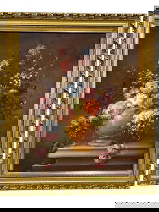ORIGINAL STILL LIFE OIL PAINTING 29": ORIGINAL STILL LIFE OIL PAINTING SIGNED BY ARTIST E. ZSOFIA, FEATURING A LUSH ARRANGEMENT OF MIXED BLOOMS IN A GOLDEN VASE SET ATOP A CLASSICAL STONE LEDGE. THE COMPOSITION SHOWCASES VIBRANT PINKS,