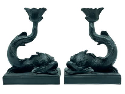 EARLY WEDGWOOD BLACK BASALT DOLPHIN CANDLESTICKS: PAIR OF VINTAGE WEDGWOOD BLACK BASALT DOLPHIN / KOI -FORM CANDLESTICKS FEATURING HIGHLY DETAILED SCALING, FLOURISHED FINS, AND EXPRESSIVE FACES WITH FLUTED TAILS FORMING THE CANDLE HOLDERS. EACH