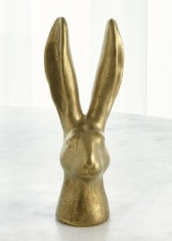 MATTE GOLD CERAMIC RABBIT SCULPTURE SM 12.5": Inspired by the whimsical charm of 19th-century curiosity cabinets, this matte gold ceramic rabbit sculpture is both playful and refined. With its tall, upright ears and minimalistic facial features, 