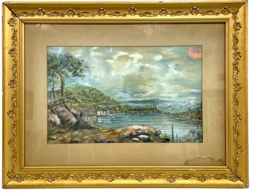 VINTAGE FRAMED LANDSCAPE WATERCOLOR PAINTING 29"