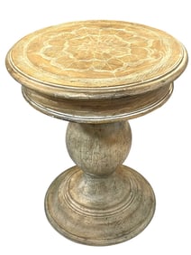 RUSTIC CARVED WOOD PEDESTAL SIDE TABLE 23"
